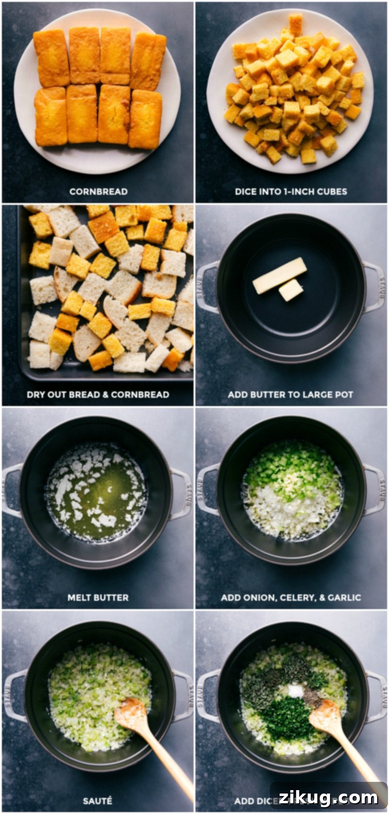 Preparing ingredients for cornbread dressing: Cubed cornbread and sourdough drying on a sheet pan, while a savory butter, herb, and vegetable mixture simmers in a skillet.