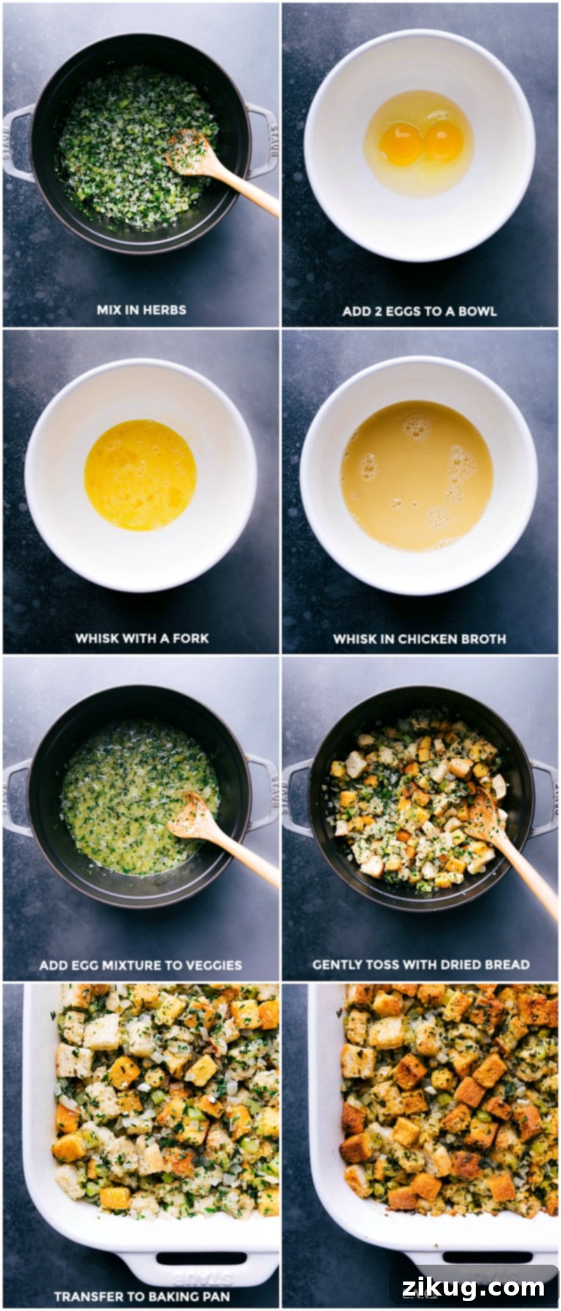 Mixing all the prepared ingredients for cornbread dressing in a large bowl before transferring to a baking dish for a delicious holiday meal.