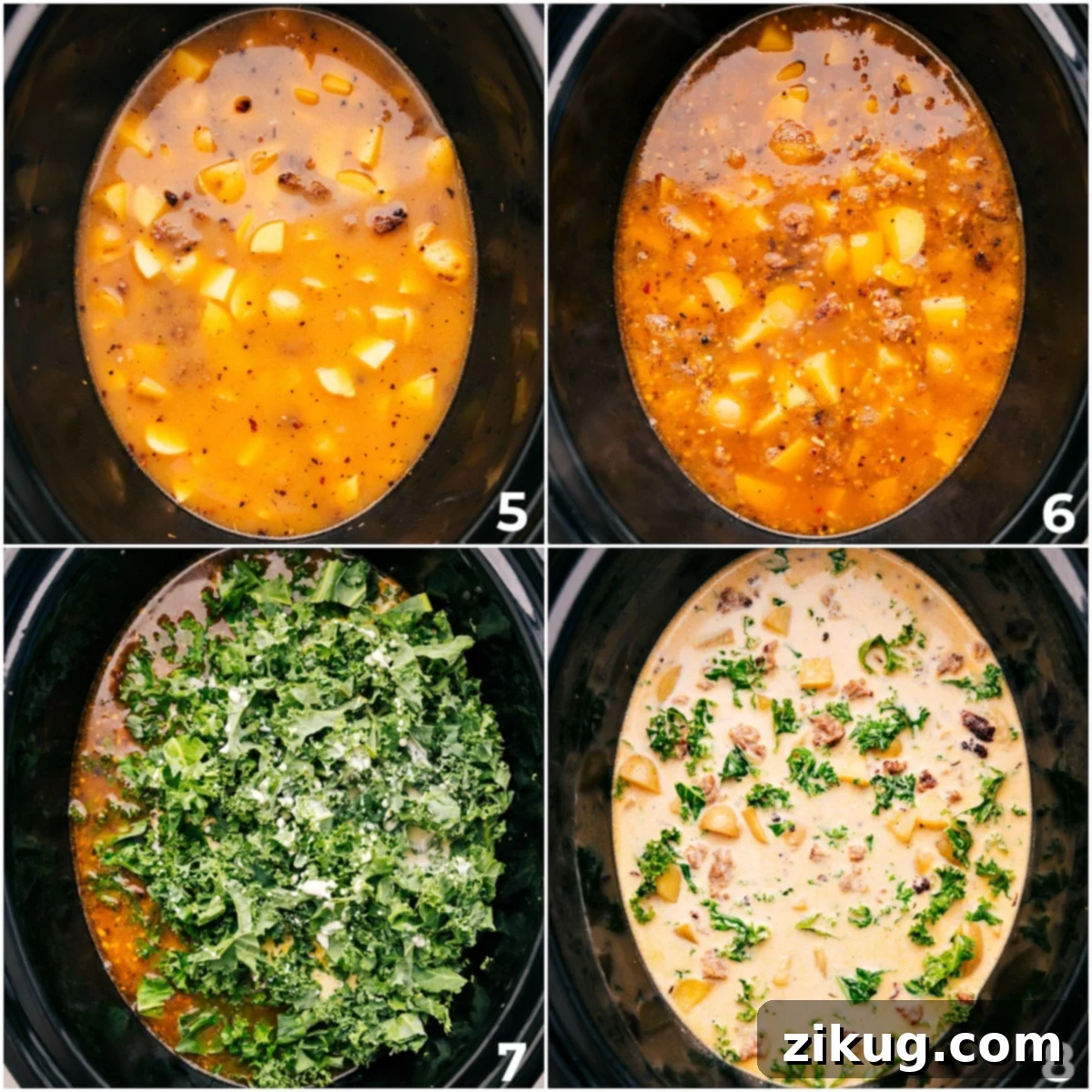 Slow Cooking Process for Zuppa Toscana Soup All the hearty ingredients combined in the crockpot, slow cooking together to create a rich and flavorful Zuppa Toscana Soup.