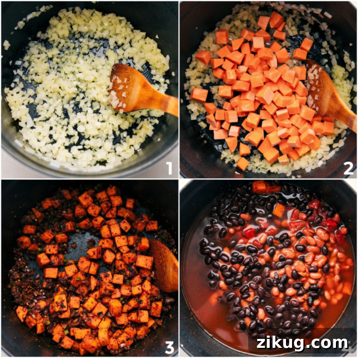 How To Make Sweet Potato Chili The cooking process of sweet potato chili: first, sautéing onions, then adding sweet potatoes and seasonings, and finally simmering with beans, tomatoes, and broth.
