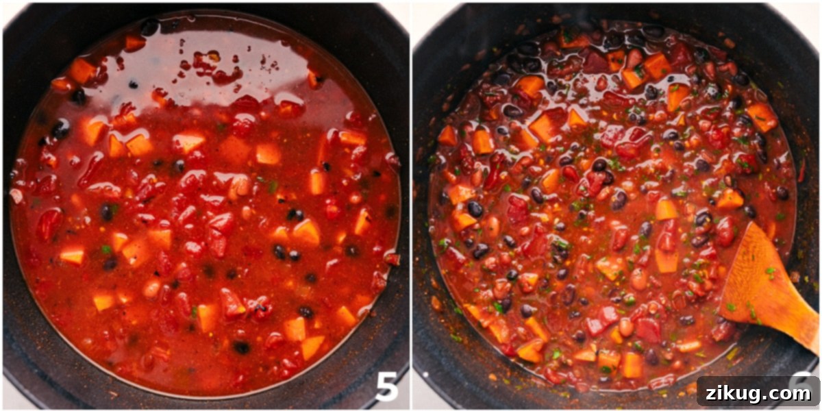 Comforting And Delicious Sweet Potato Chili Cooking Sweet potato chili simmering in a pot on the stove, developing a rich, thick consistency and melding all its delicious flavors.