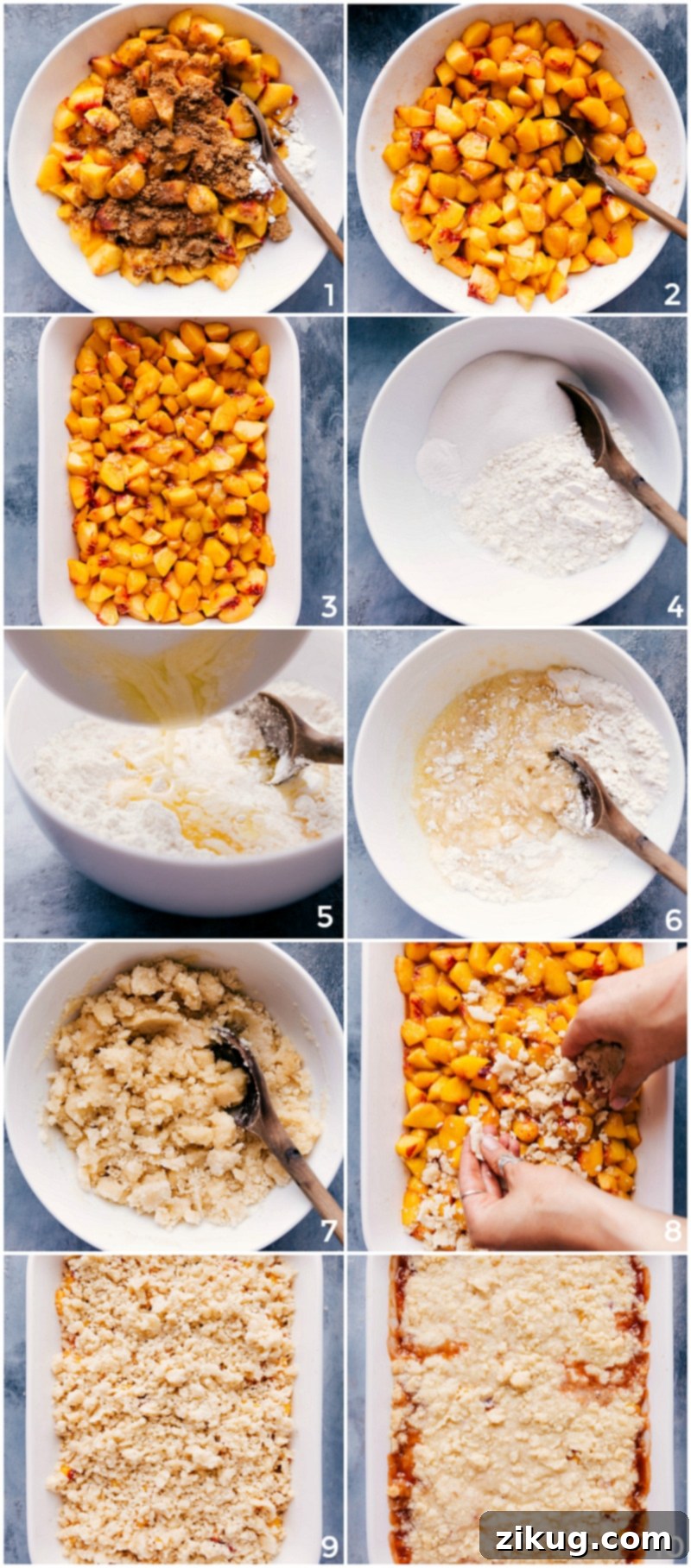 Preparing peach filling and delicious crumble topping for the dessert.
