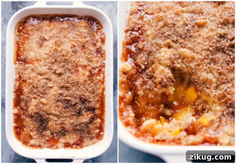 Finished peach cobbler recipe, fresh out of the oven, a delicious dessert ready to be enjoyed.