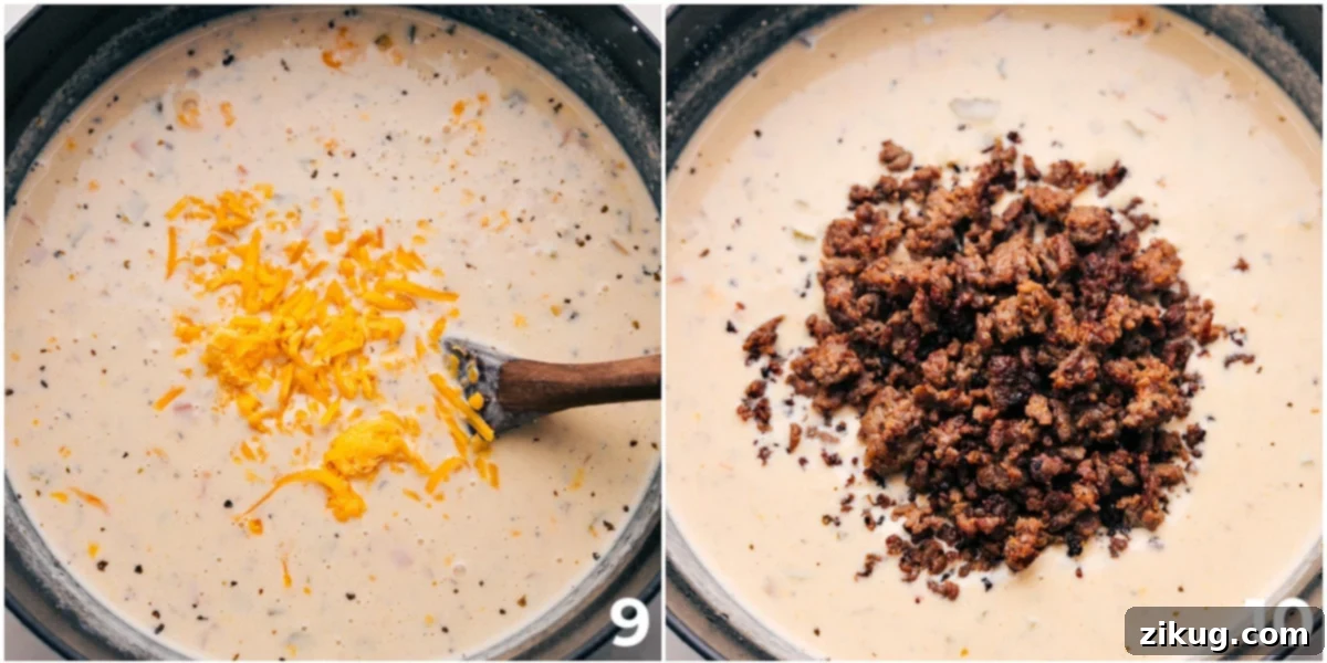 Adding Cheese And Sausage For Sausage Potato Soup Adding in the freshly shredded cheese and cooked Italian sausage to the creamy soup base.