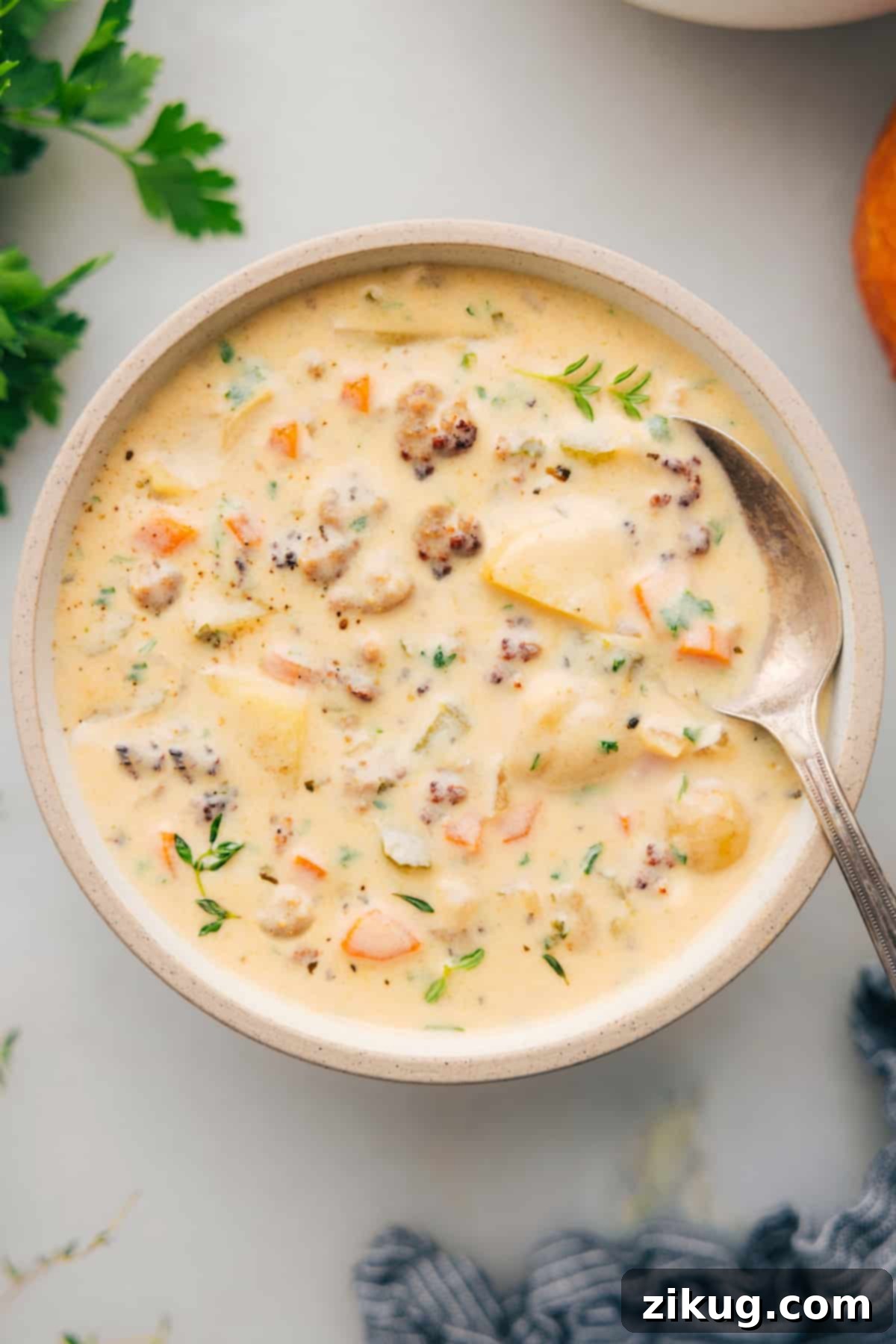 Quick And Easy Potato Sausage Soup Sausage potato soup in a bowl ready to serve, garnished with fresh herbs.