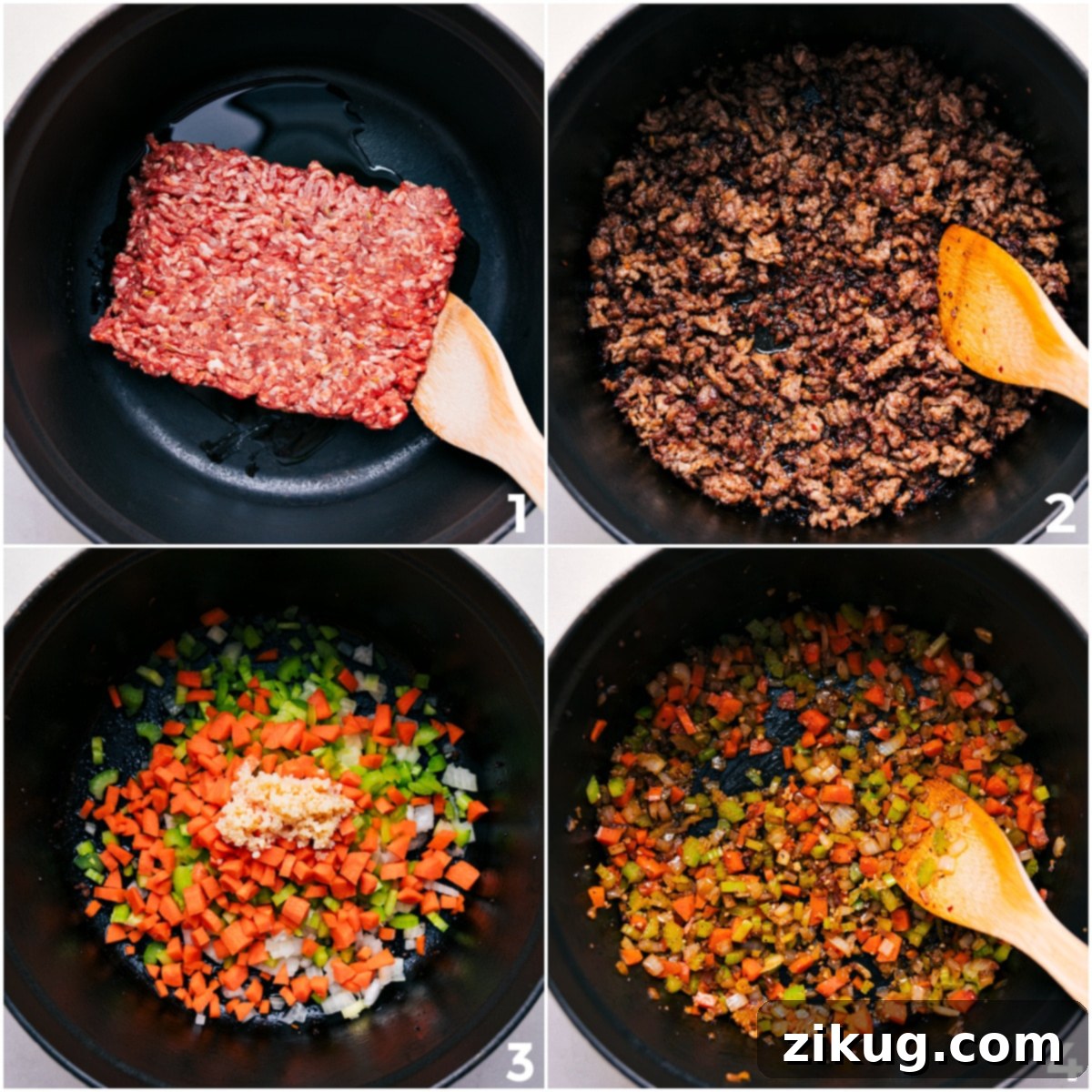 How To Make Pasta Soup: Browning Sausage And Sautéing Mirepoix The cooking process begins by browning Italian sausage to a rich, caramelized perfection, followed by sautéing a colorful medley of carrots, celery, and onion for a fragrant, flavorful base in this comforting pasta soup.