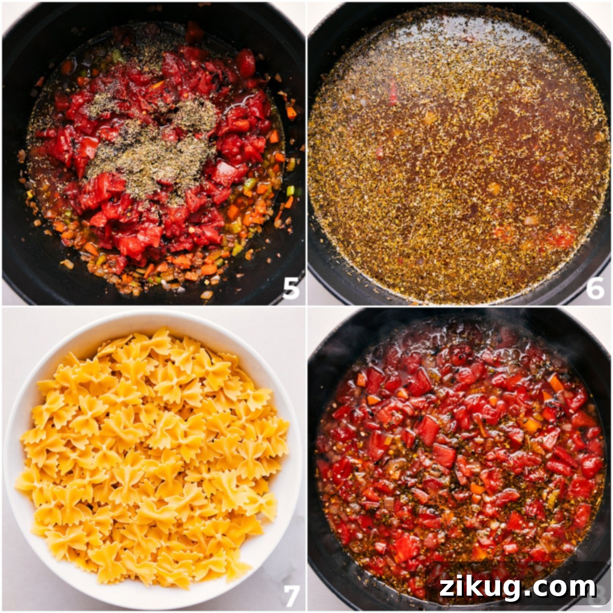 How To Make The Best Pasta Soup: Simmering Broth And Tomatoes The heartwarming Pasta Soup simmering gently, with crushed tomatoes and rich broth combining to create a flavorful base, ready for pasta and spinach to be added.