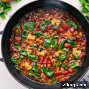 A top-down view of a delicious Pasta Soup, rich in color and texture, with Italian sausage, vibrant spinach, and mini farfalle pasta, served hot in a rustic bowl.