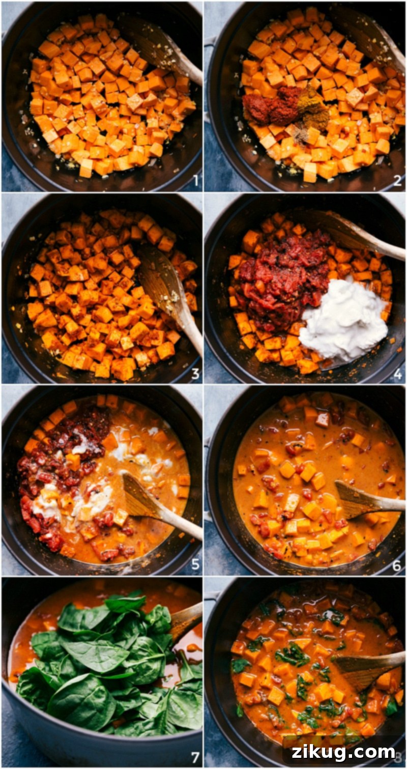 The Sweet Potatoes Being Cooked; the Other Ingredients and Seasonings Being Added on Top; More Simmering; Adding Spinach to the Mixture; Ready to Serve A visual step-by-step guide to preparing sweet potato curry. Images show diced sweet potatoes being cooked, other aromatic ingredients and spices being added and simmering, fresh spinach being stirred into the rich sauce, and the final vibrant dish ready to be served.