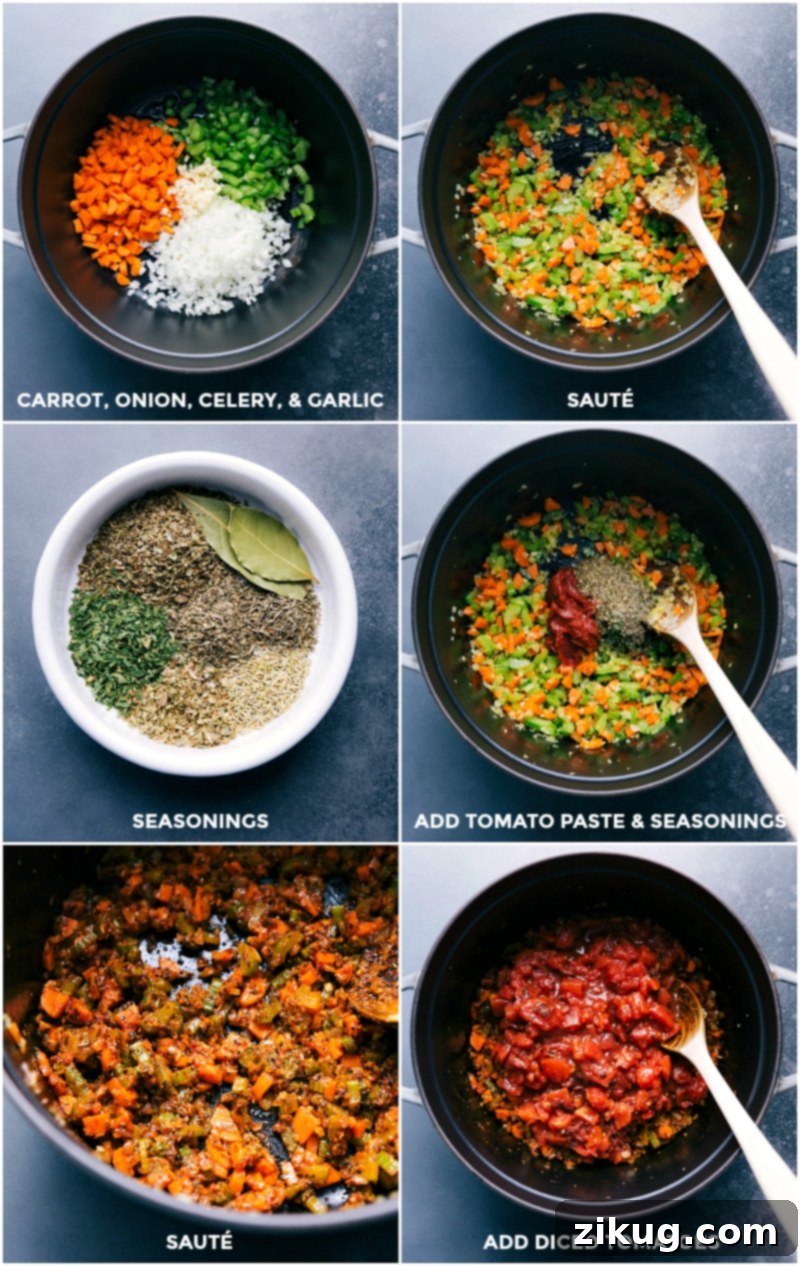 Step-by-step preparation of nutritious one-pot white bean and kale soup, showcasing the cooking process of vegetables, herbs, and tomatoes. Collage of process images showing vegetables being sautéed, seasonings added, tomato paste, and diced tomatoes incorporated, all cooking in a large pot on the stove.