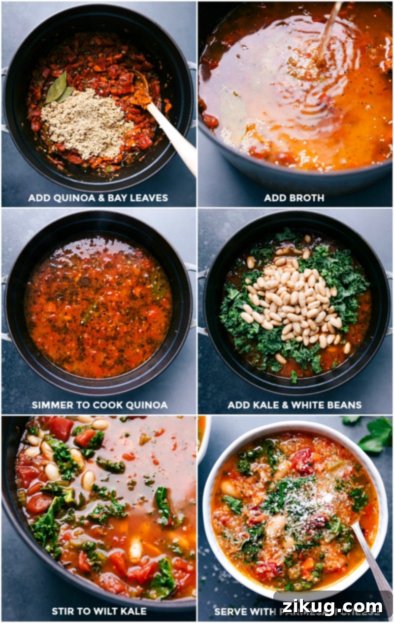 The final steps of making a delicious vegetarian white bean and kale soup, highlighting the addition of hearty ingredients and slow cooking for maximum flavor. Sequence of images depicting quinoa, bay leaves, vegetable broth, white beans, and kale being added and gently simmered in a pot on the stovetop to complete the soup.