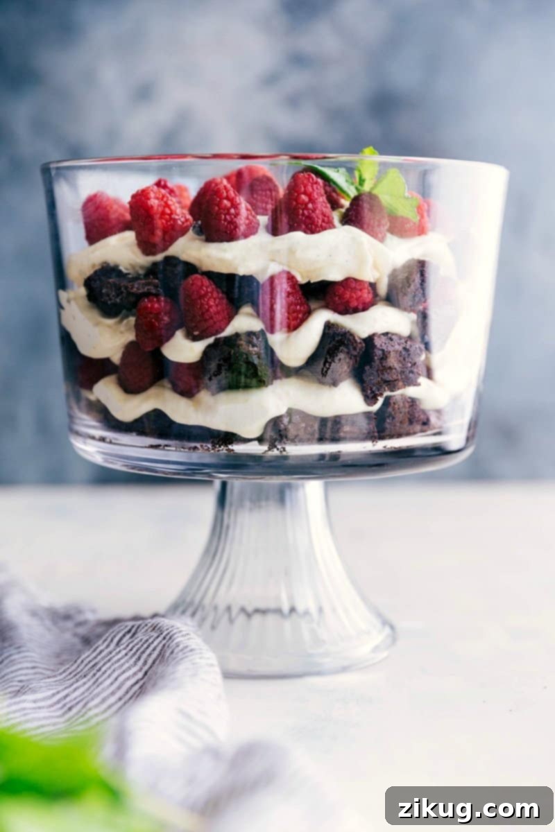 A stunning brownie trifle displaying layers of fudgy brownies, fresh fruit, and luscious vanilla cream filling, perfectly set and inviting for a delightful dessert experience.