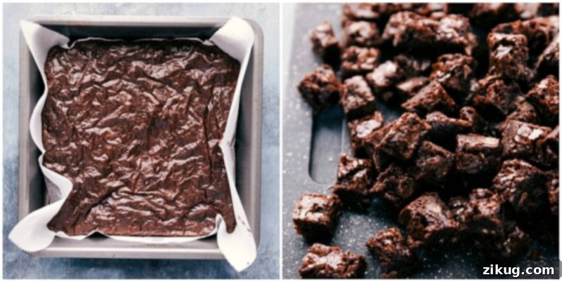 Small, bite-sized cubes of freshly baked brownies, perfectly cut and ready to be layered into a delightful dessert.