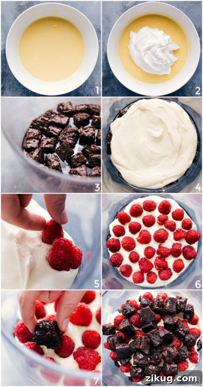 Detailed layer-by-layer construction of a brownie trifle, showing the meticulous arrangement of fudgy brownie pieces, rich vanilla cream, and vibrant fresh berries, building a delectable dessert.