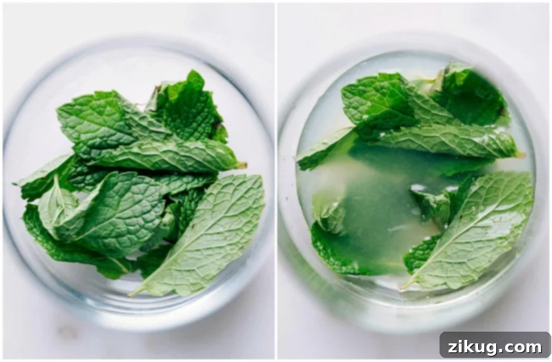 Adding Fresh Mint to Virgin Mojito Fresh mint leaves being added to the virgin mojito recipe, enhancing the drink's aroma and flavor.