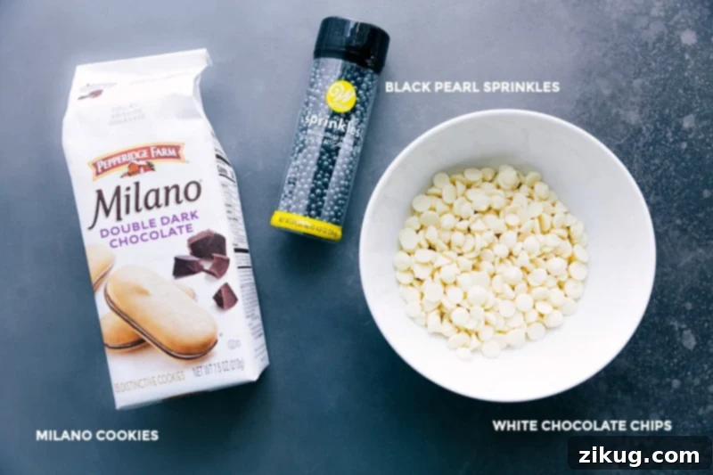 Ingredients for Adorable Festive Treats: Milanos, Sprinkles, White Chocolate Chips Milano cookies, black pearl sprinkles, and high-quality white chocolate chips are neatly laid out on a clean surface, poised for their transformation into adorable festive mummy treats.