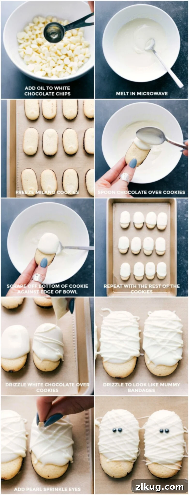 Creating Festive Cookies: From Melting Chocolate to Adding Eyes A visual collage illustrating the step-by-step process of making Halloween mummy cookies: melting white chocolate, freezing Milano cookies, coating them in chocolate, adding black pearl sprinkle eyes, and finally piping white chocolate 'bandages' for a spooky effect.