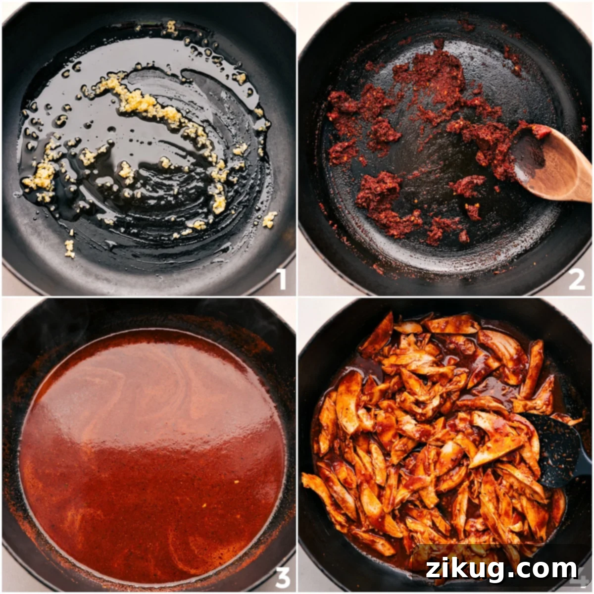 Seasoned Meat for Rotisserie Chicken Tacos Recipe The process of preparing the seasoned meat for rotisserie chicken tacos in a skillet, showing garlic, oil, and tomato paste sautéed before adding water and chicken.