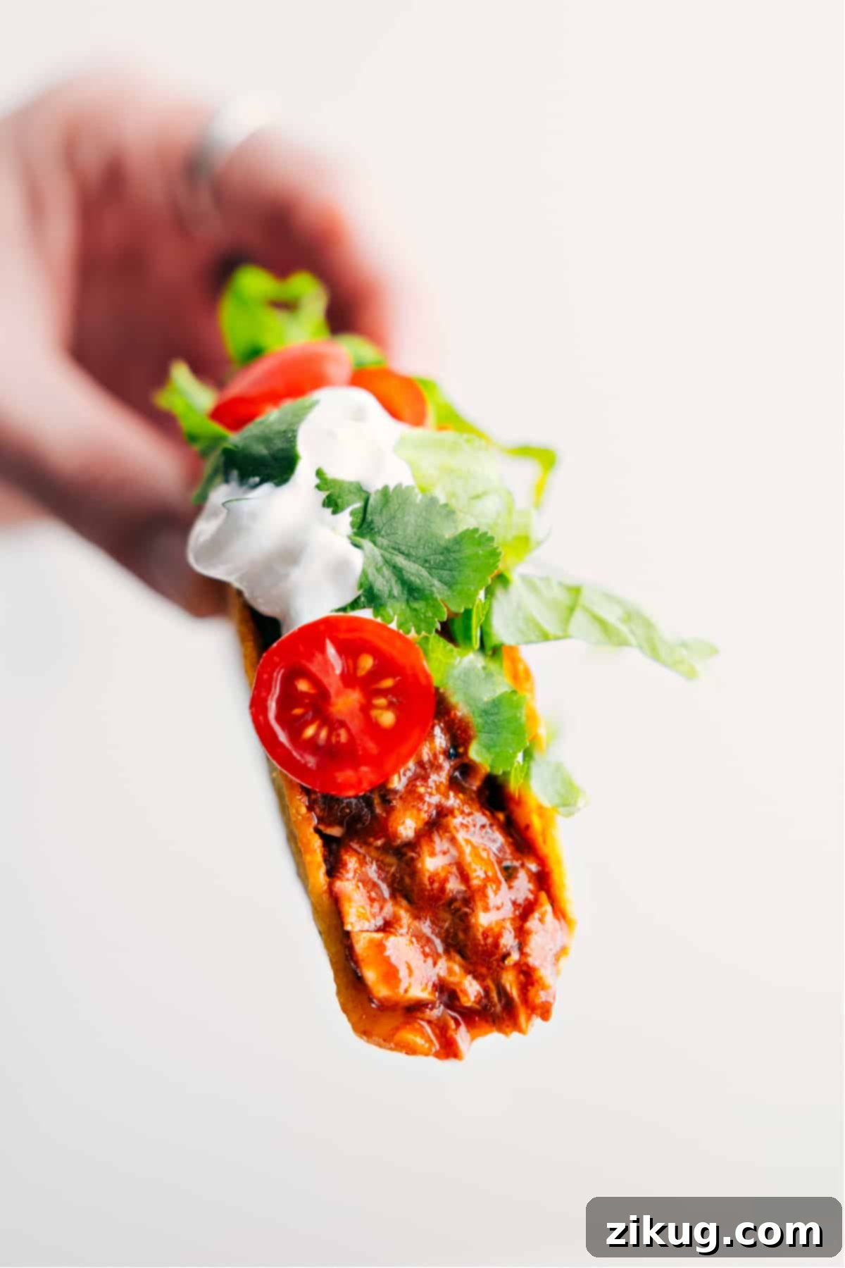 Quick 30-Minute Dinner: Rotisserie Chicken Tacos Two Rotisserie chicken tacos, generously topped with sour cream, diced tomatoes, and fresh cilantro, held invitingly.