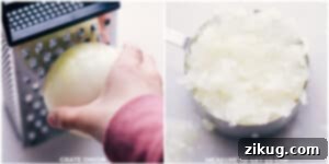 A close-up of grated onion, showcasing the fine texture achieved by using a grater.