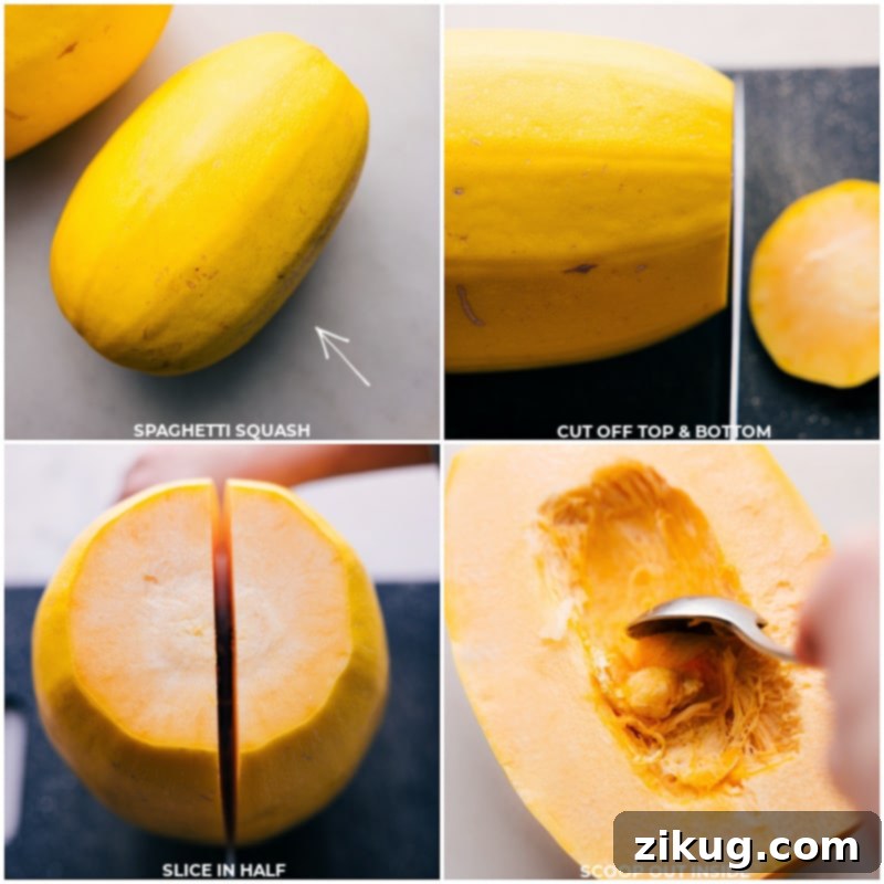 Step-by-step preparation of spaghetti squash, showing it being cut and seeds being scooped out before cooking.