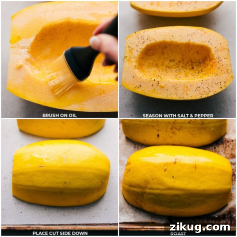 The cut halves of spaghetti squash are brushed with olive oil and seasoned with salt and pepper, ready for roasting.
