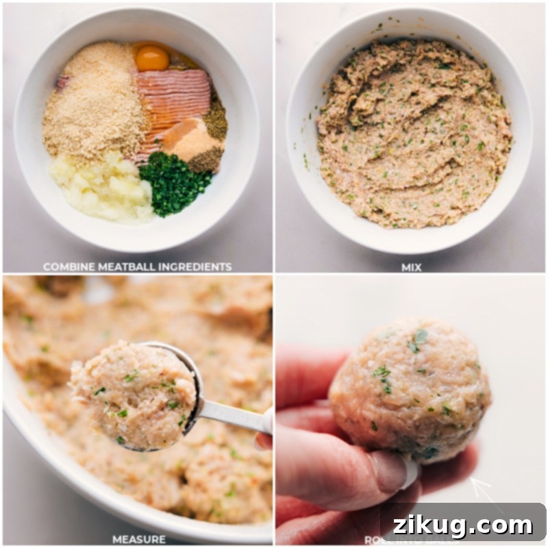 Hands combining various meatball ingredients in a bowl, then rolling the mixture into small, uniform balls for the recipe.