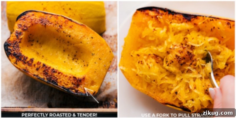 A fork being used to effortlessly pull tender, spaghetti-like strands from a cooked spaghetti squash half.