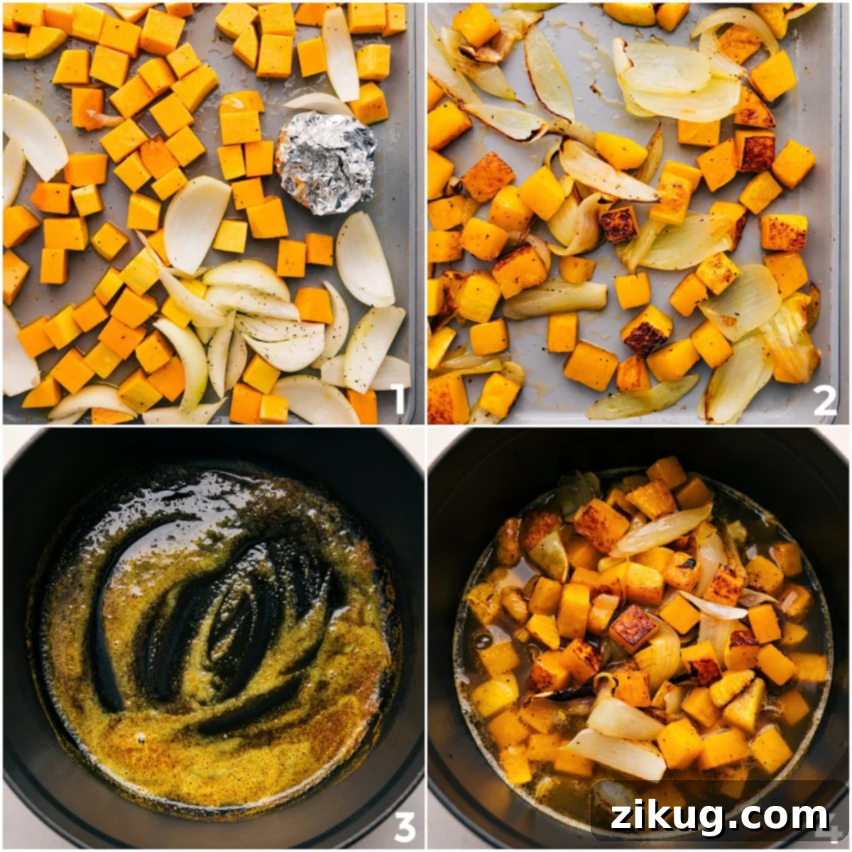 Roasted butternut squash, onions, and garlic cooking on a sheet pan, ready to be added to the pot for this flavorful butternut squash soup.