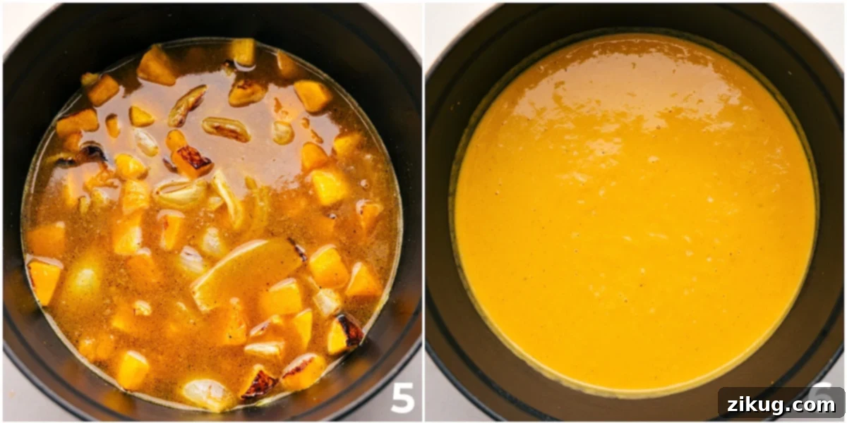 A close-up of the smooth and creamy butternut squash soup after blending, ready to be served.