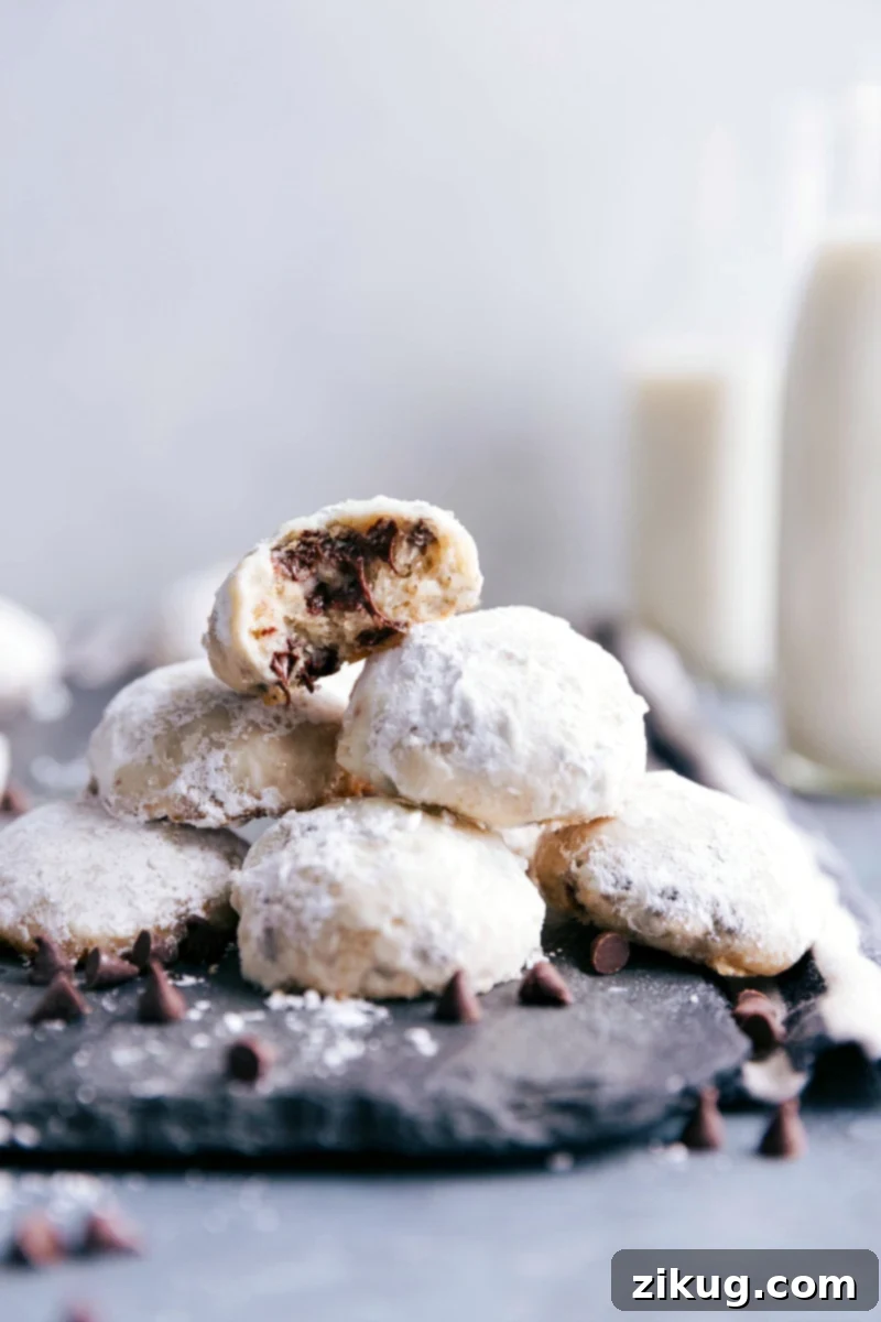 Chocolate Chip Snowball Cookies: Buttery, light, and flaky, stuffed with miniature chocolate chips and coated in powdered sugar. Recipe via chelseasmessyapron #recipe #chocolatechip #snowball #cookie Chocolate Chip Snowball Cookies: Buttery, light, and flaky, stuffed with miniature chocolate chips and coated in powdered sugar.