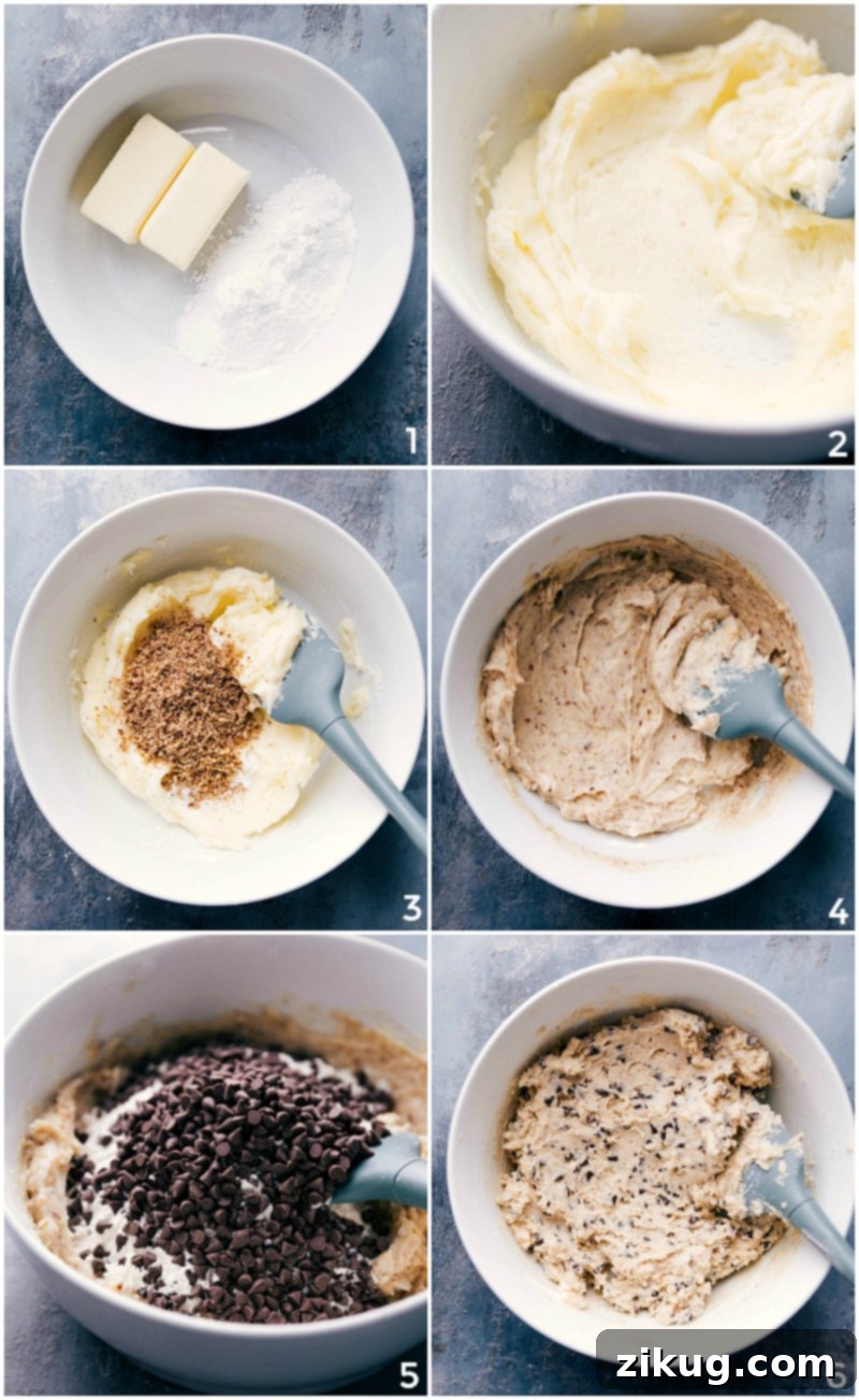 Chocolate Chip Snowball Cookies are buttery, light, and flaky. They're stuffed with miniature chocolate chips and coated in powdered sugar. Recipe via chelseasmessyapron #recipe #chocolatechip #snowball #cookie Process shots showing steps for making Chocolate Chip Snowball Cookies, including mixing dough and preparing for baking.