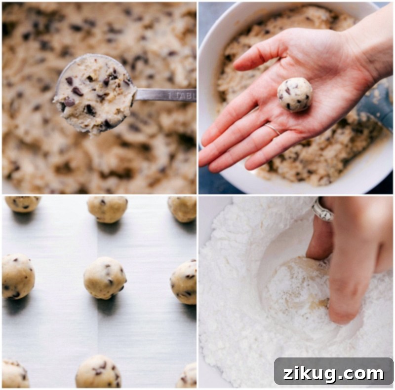 Chocolate Chip Snowball Cookies are buttery, light, and flaky. They're stuffed with miniature chocolate chips and coated in powdered sugar. Recipe via chelseasmessyapron #recipe #chocolatechip #snowball #cookie Process shots: rolling cookie dough balls into perfect spheres before baking.