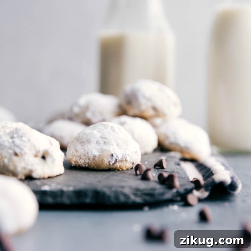 Chocolate Chip Snowball Cookies are buttery, light, and flaky. They're stuffed with miniature chocolate chips and coated in powdered sugar. Recipe via chelseasmessyapron #recipe #chocolatechip #snowball #cookie A festive plate of Chocolate Chip Snowball Cookies, perfectly dusted with powdered sugar.