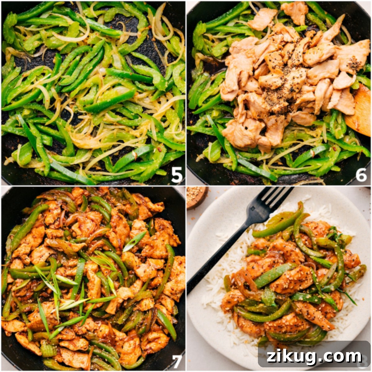 Chicken added to sautéed peppers, cooked together in the skillet, then plated and served.