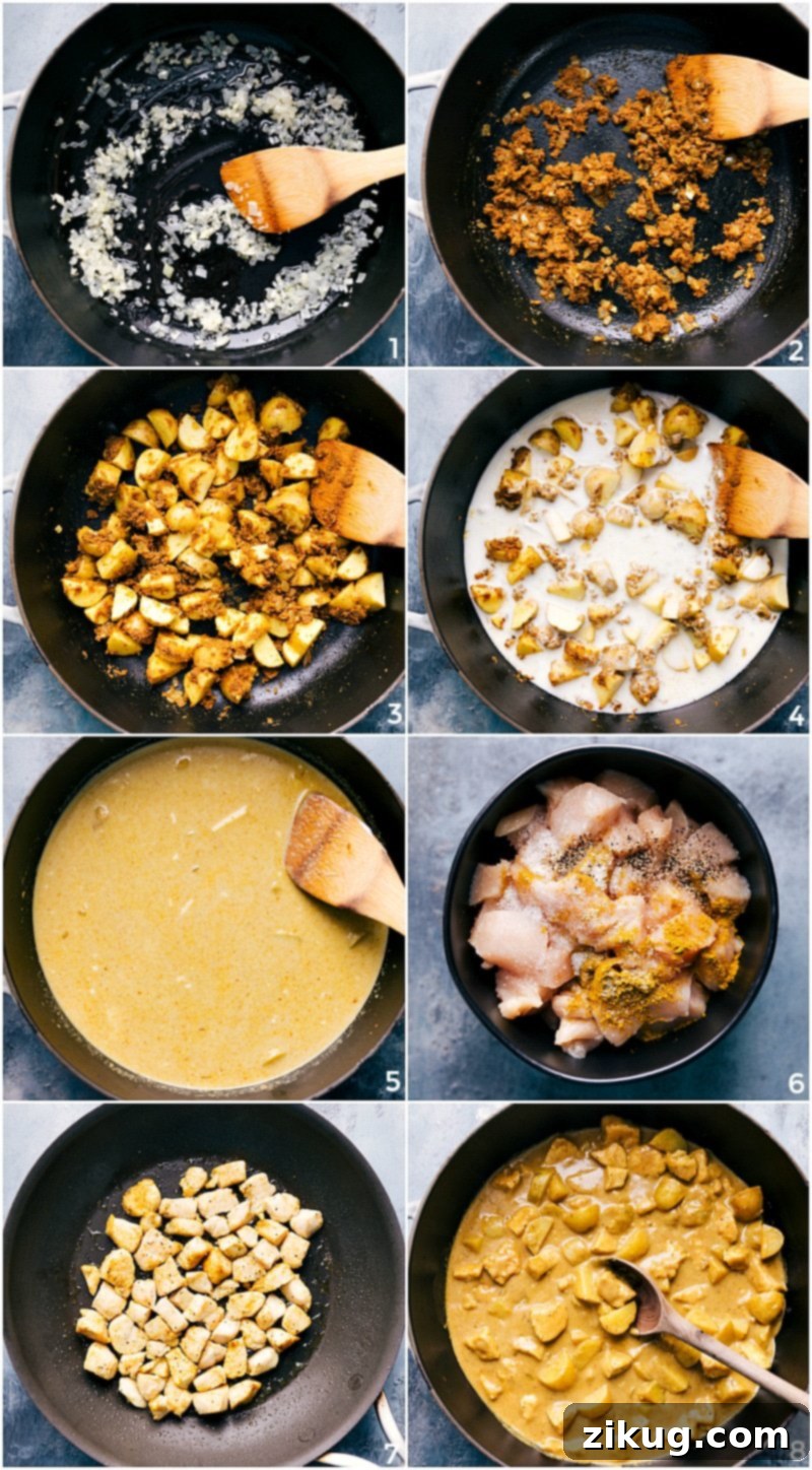 A visual progression of cooking Yellow Chicken Curry: starting with sautéed onions and spices, followed by potatoes added to the mixture, then simmering coconut milk, and finally, chicken being cooked in a separate pan before combining.