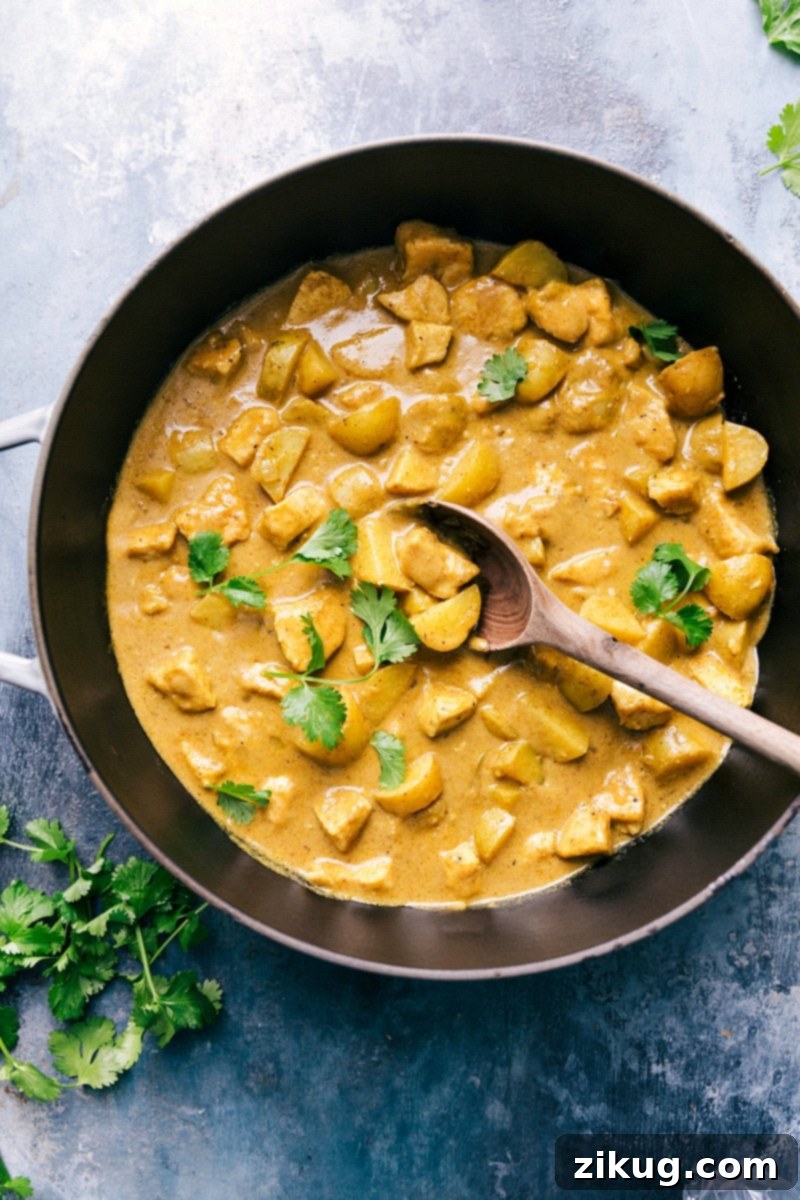 A stunning close-up of finished Thai Yellow Chicken Curry, rich and creamy, adorned with fresh herbs and ready to be served as a delightful meal.