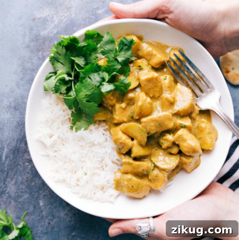 A beautifully presented, hearty meal of Thai Yellow Chicken Curry served over a bed of fluffy white rice, garnished with fresh cilantro, inviting and ready to be savored.