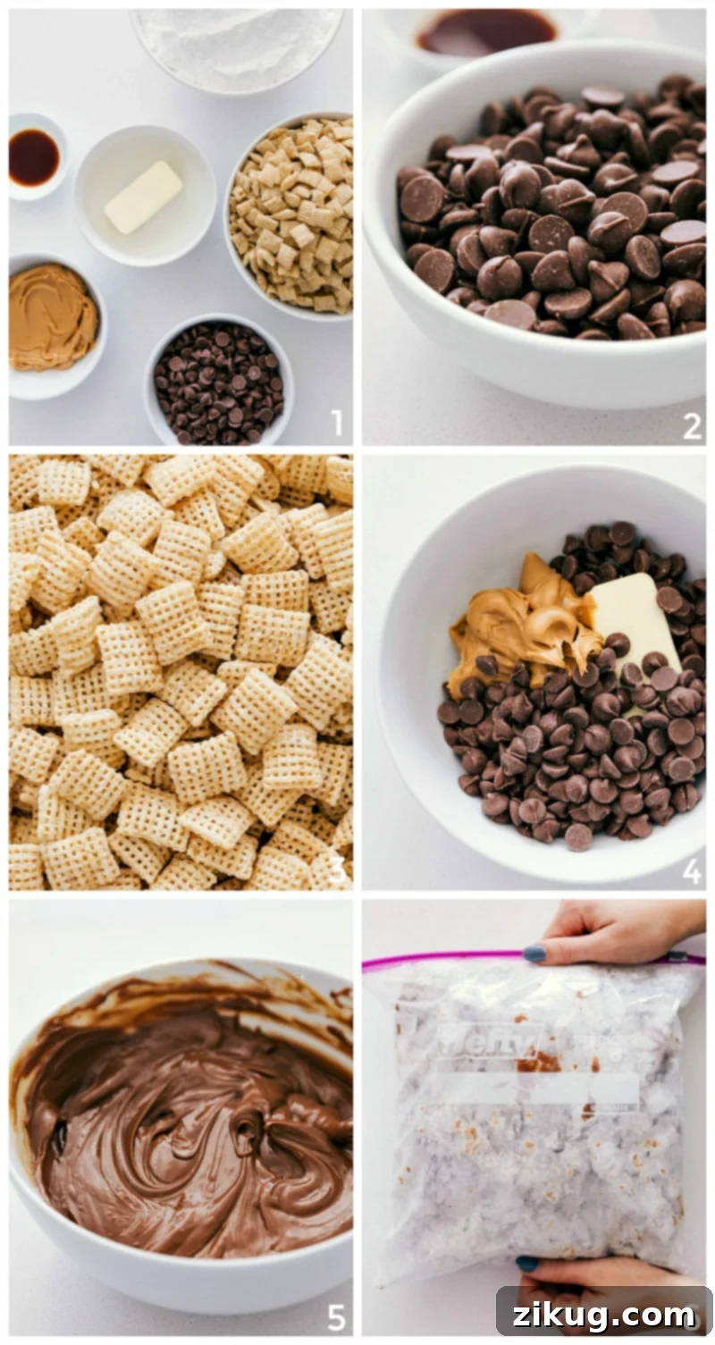 Preparing Reindeer Chow Recipe: Melting, Mixing, and Coating with Powdered Sugar Making the reindeer chow recipe: melting the chocolate and peanut butter, combining melted chocolate with cereal, stirring until smooth, and shaking together with powdered sugar.