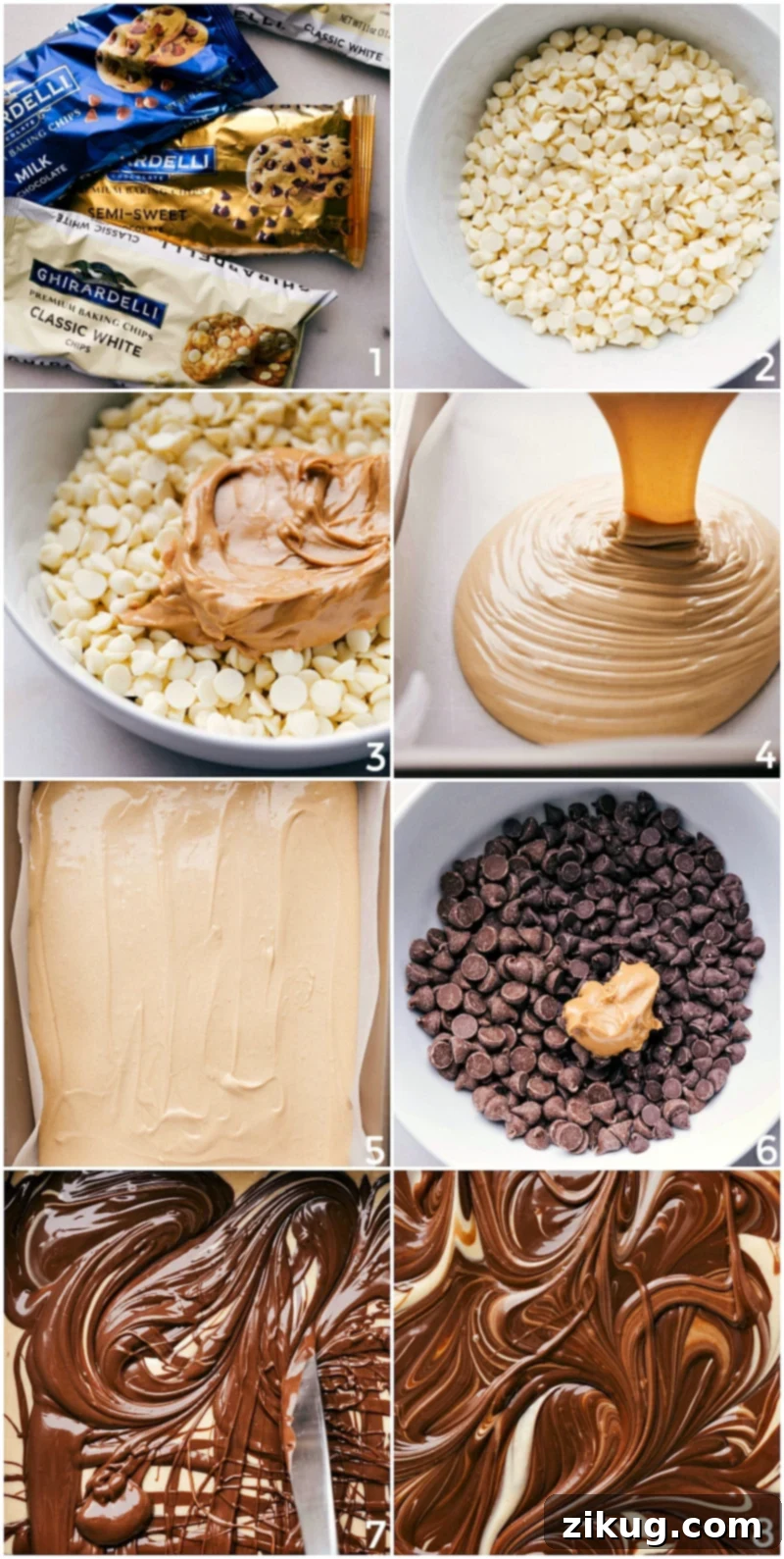 Ingredients for Tiger Butter Fudge being melted and mixed in bowls, illustrating the initial steps of creating the iconic swirl.