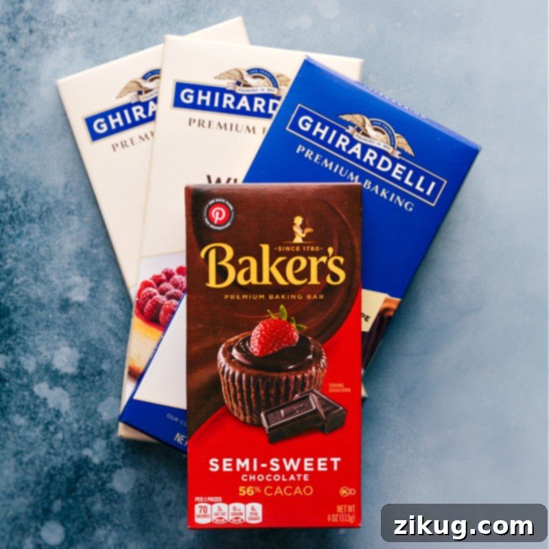 Assortment of high-quality chocolate baking bars and melting wafers, illustrating the best chocolate options for dipping Oreos.