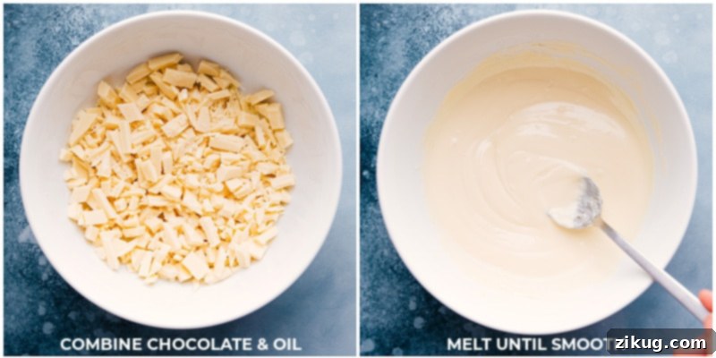 Process images showing chocolate melting in a microwave-safe bowl, illustrating the gradual heating and stirring method for smooth consistency.