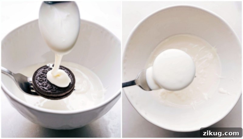 Step-by-step process of dipping an Oreo cookie into melted chocolate, showing how to achieve a smooth, even coating with a fork.
