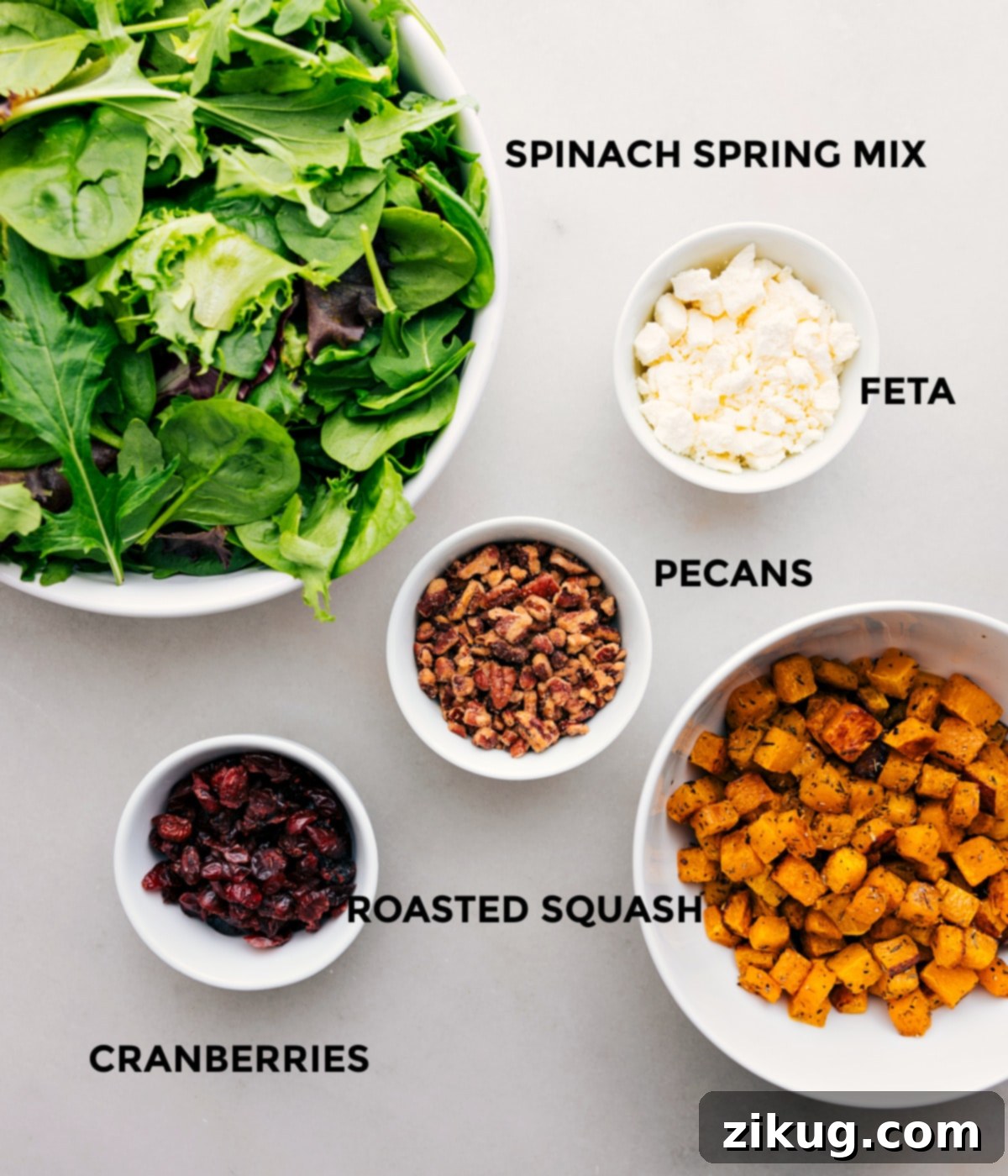 Essential Ingredients for a Delicious Thanksgiving Salad All the fresh ingredients for this festive Thanksgiving Salad are neatly prepped and arranged, including vibrant mixed greens, crumbled feta cheese, crunchy candied pecans, sweet dried cranberries, and diced roasted butternut squash, ready for assembly.