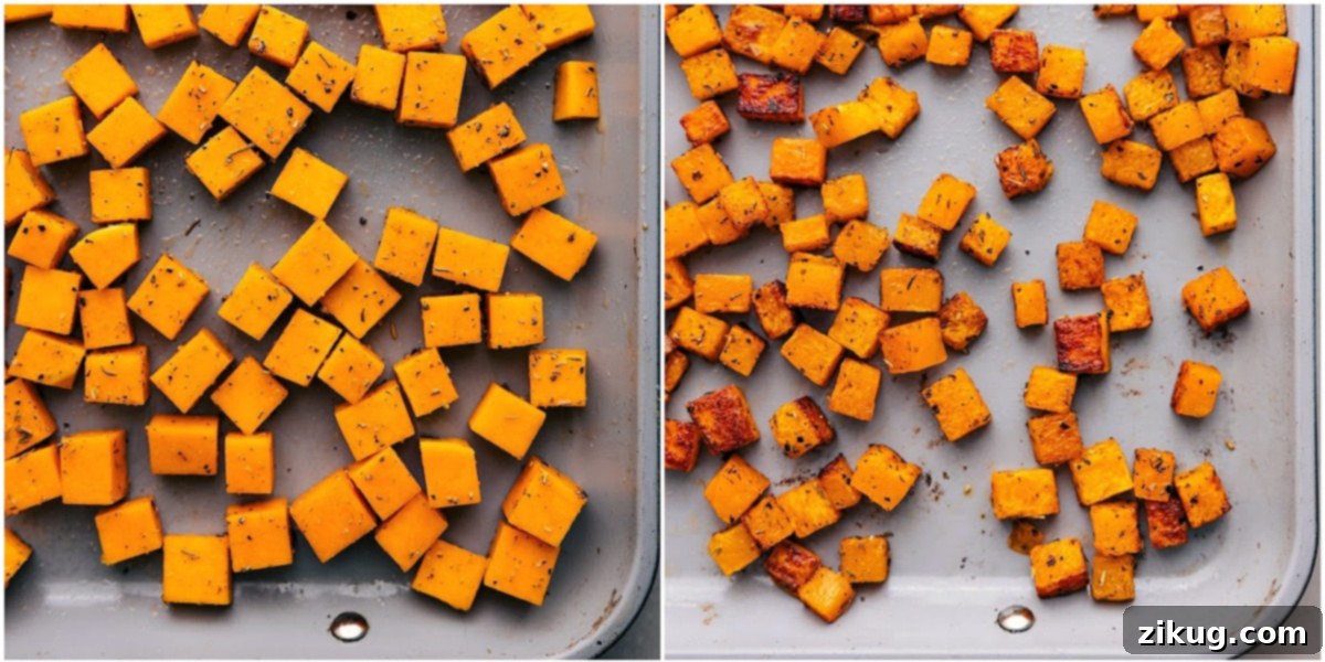 Perfectly Roasted Butternut Squash for Salads Diced butternut squash roasting on a large sheet pan, turning golden brown and tender, ready for the Thanksgiving salad.