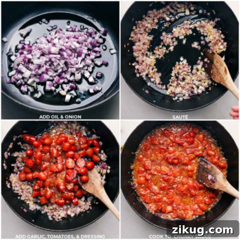 Vibrant Zesty Italian Pasta 4 Step-by-step photos: sautéing onions, then adding cherry tomatoes, minced garlic, and Italian dressing to a large skillet
