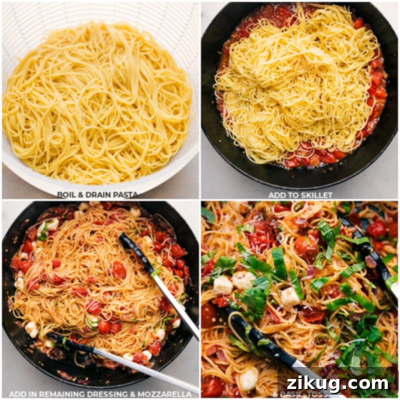 Vibrant Zesty Italian Pasta 5 Process shots illustrating the final steps: cooked pasta being added to the sauce and gently tossed to combine all ingredients