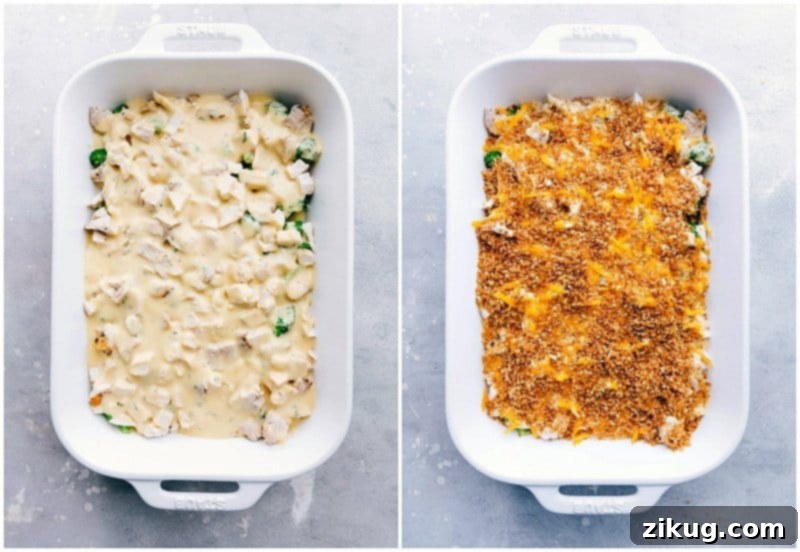 Sprinkling panko breadcrumbs and shredded cheese on top of the chicken divan casserole before baking.