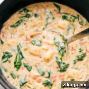 A close-up of a bowl of creamy Chicken Gnocchi Soup, showcasing the tender chicken, soft gnocchi, and vibrant green spinach.