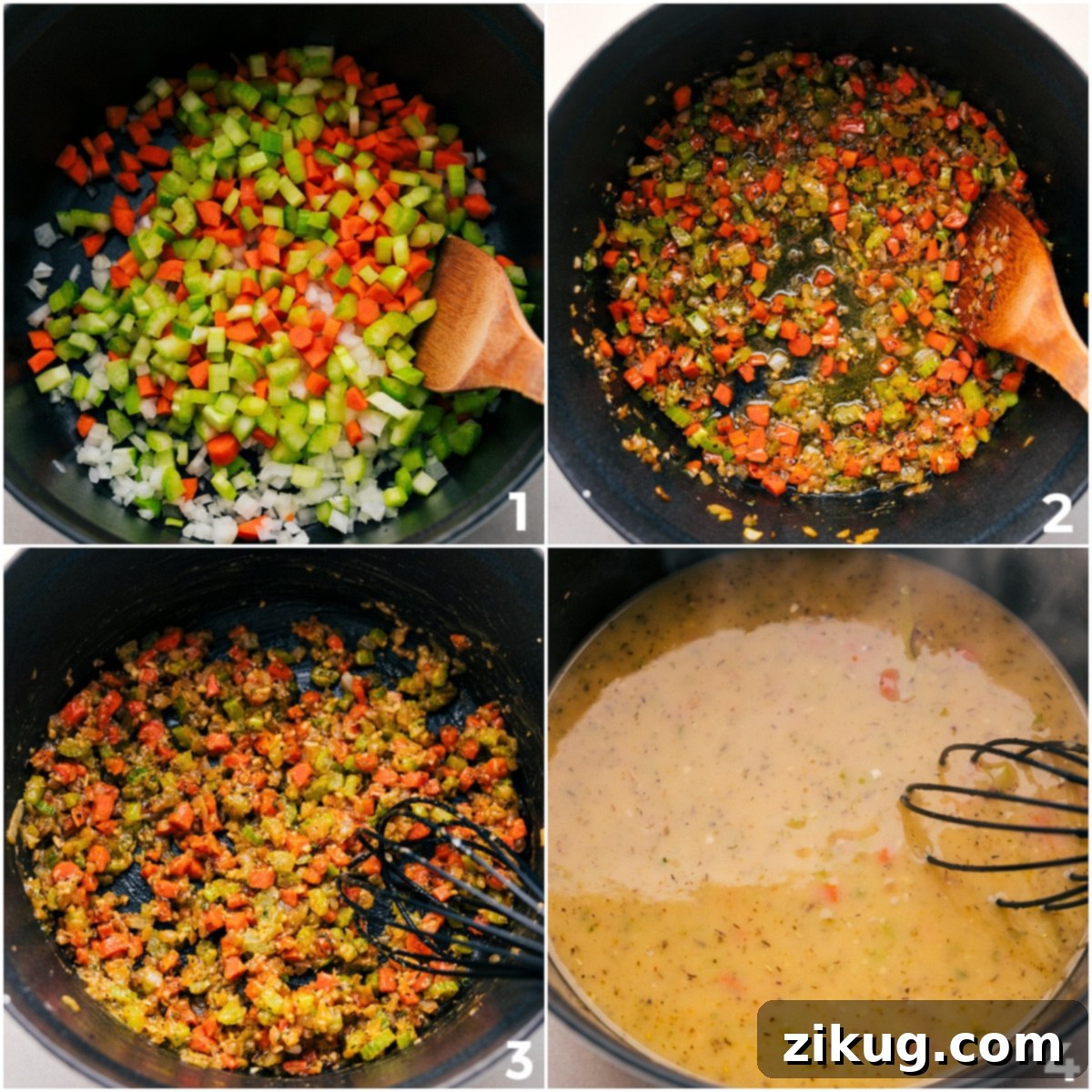 How To Make Quick Chicken Gnocchi Soup The initial step of cooking chicken gnocchi soup: Sautéing a colorful mix of diced vegetables with seasonings in a large pot, then adding broth to simmer.